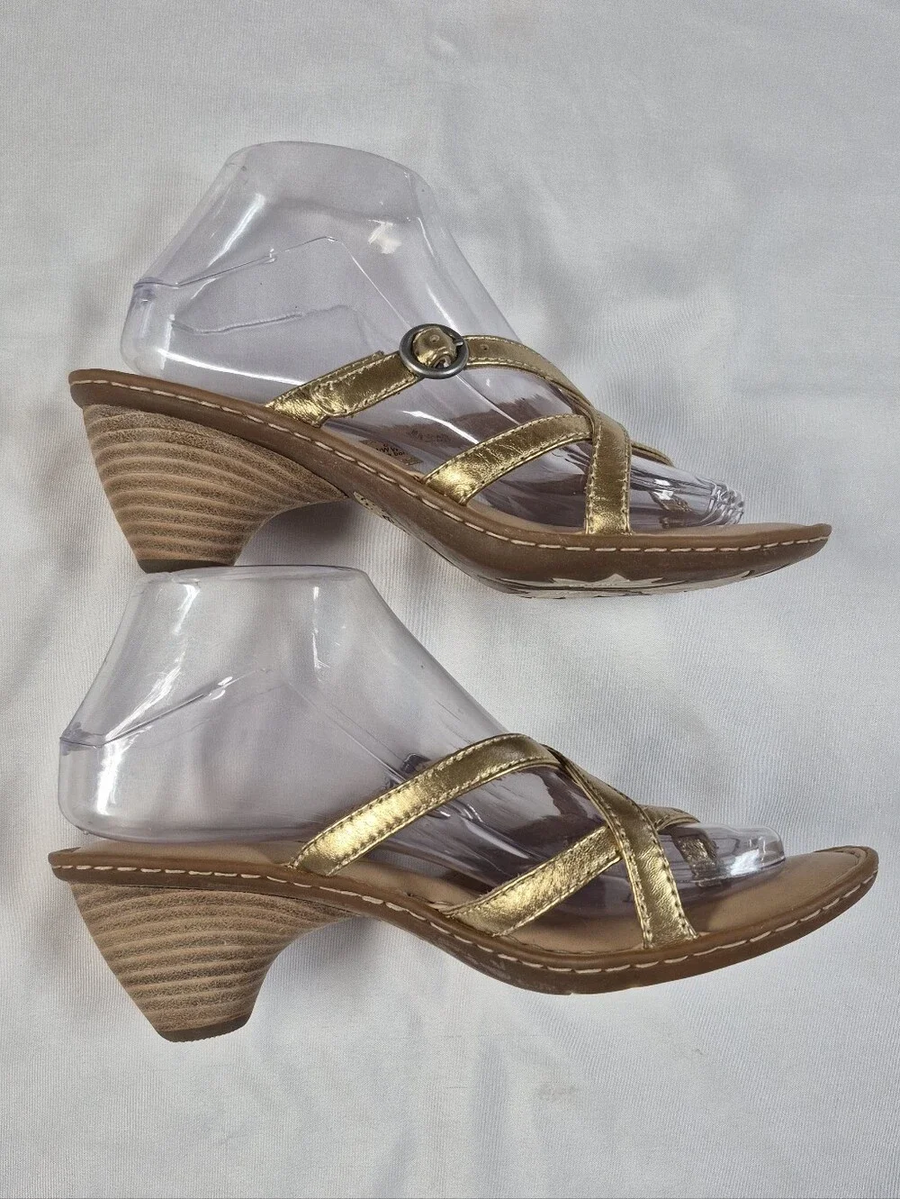 Born Women Gold Leather Strappy Crisscross Wedge Sandals Metallic Heel Sz 8